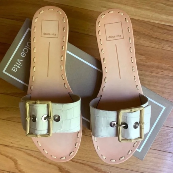 Dolce Vita Shoes - Dolce Vita Dasa Embossed Leather Buckle Slide Sandals Eggshell SZ 9.5
